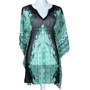 Tramp Tunic Top Sheer Batwing Slit Sleeves Pullover Blouse Batik Aztec Green SM
